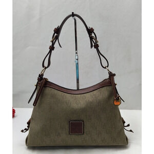 Dooney & Bourke Brown Canvas Leather Trim DB Printed Zipper Hobo Shoulder Bag